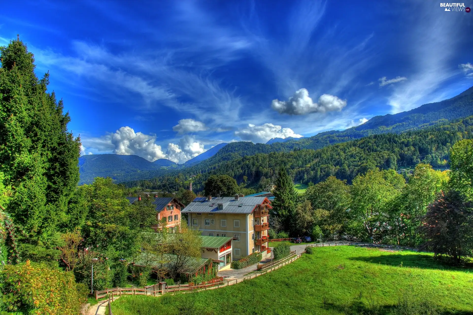 forest, Houses, viewes, Sky, trees, Mountains