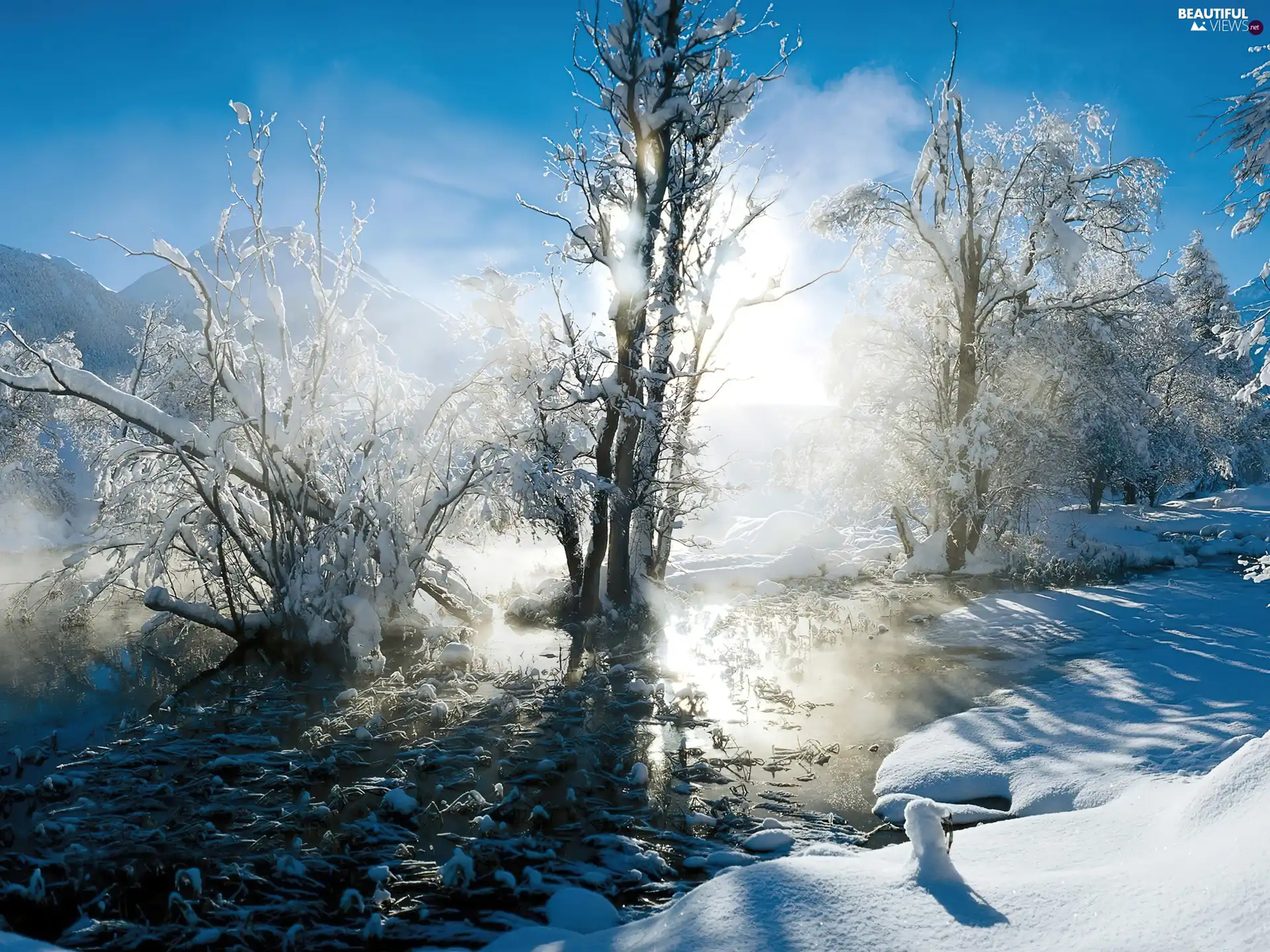 brook, winter, viewes, snow, trees, View