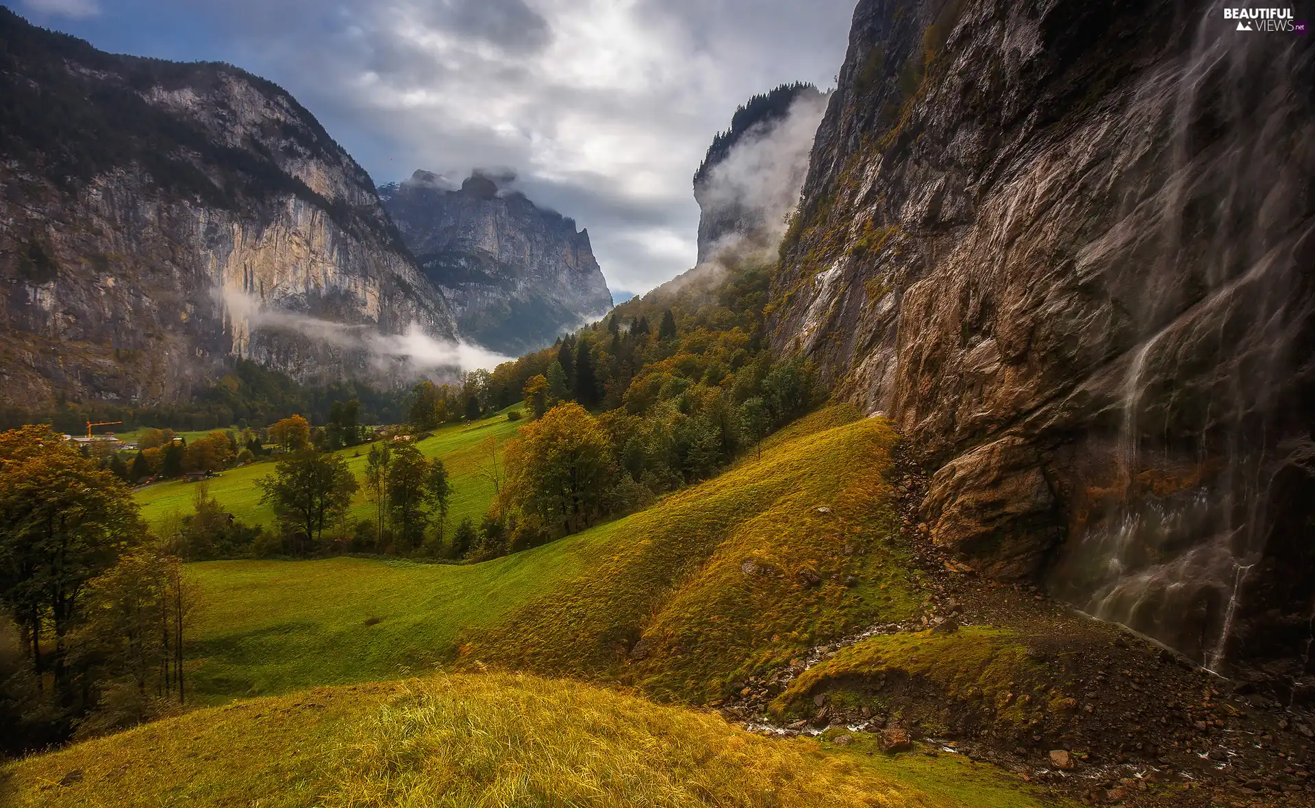Berner Oberland, Switzerland, Lauterbrunnental Valley, autumn, grass, rocks, trees, viewes, Alps Mountains