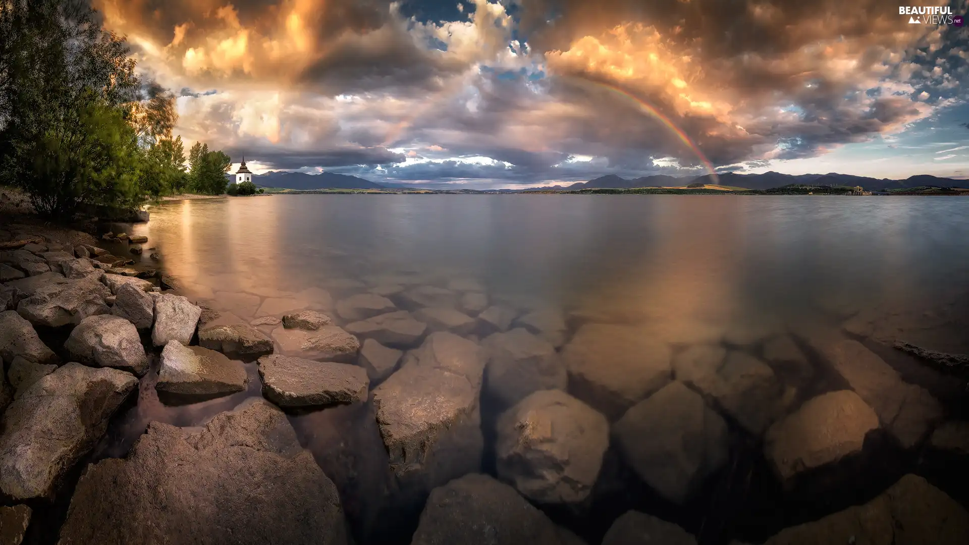 clouds, lake, trees, viewes, Great Rainbows, Stones
