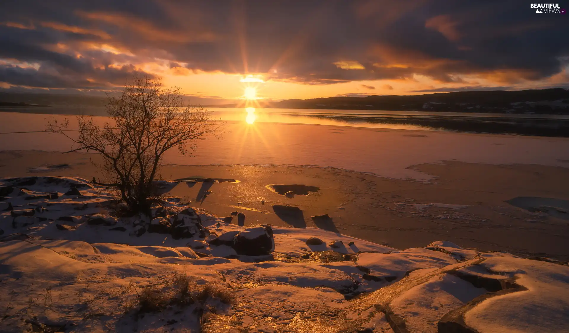 viewes, winter, Buskerud District, trees, Great Sunsets, Lake Tyrifjorden, Norway