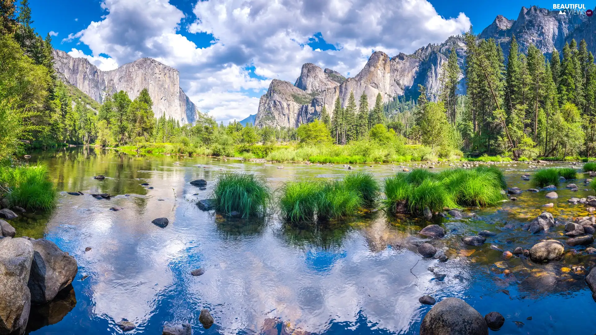 trees, State of California, Green, Sierra Nevada Mountains, grass, The United States, Yosemite National Park, clouds, viewes, Merced River