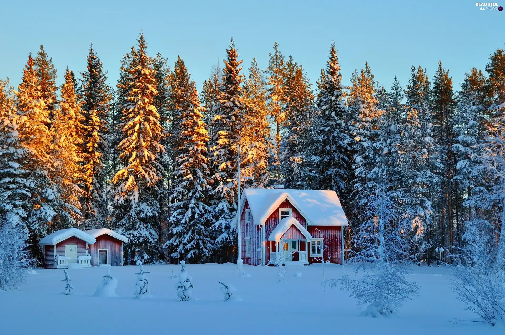 winter, Houses, light breaking through sky, The Forest Wall