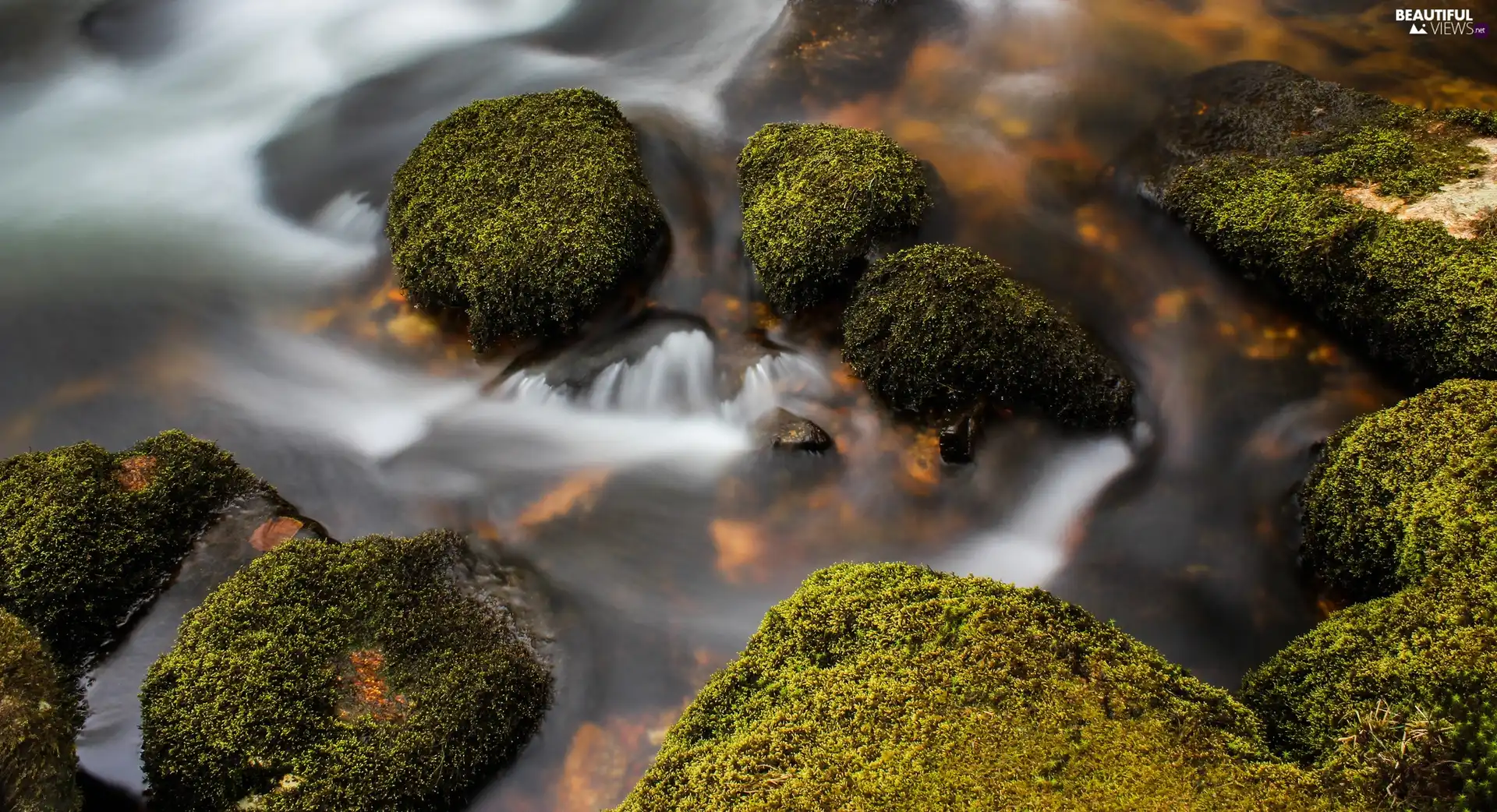 Stones, Cascades, water, Moss
