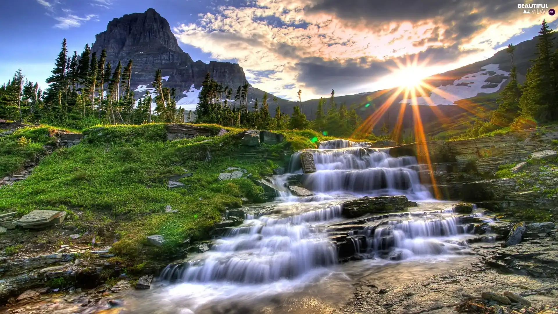 waterfall, Mountains, sun