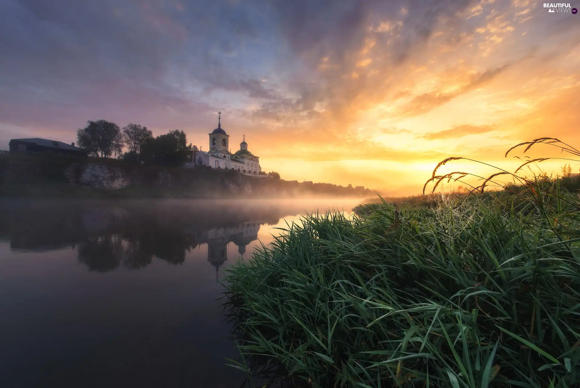 Sunrise, River, grass, Web, Fog, Cerkiew