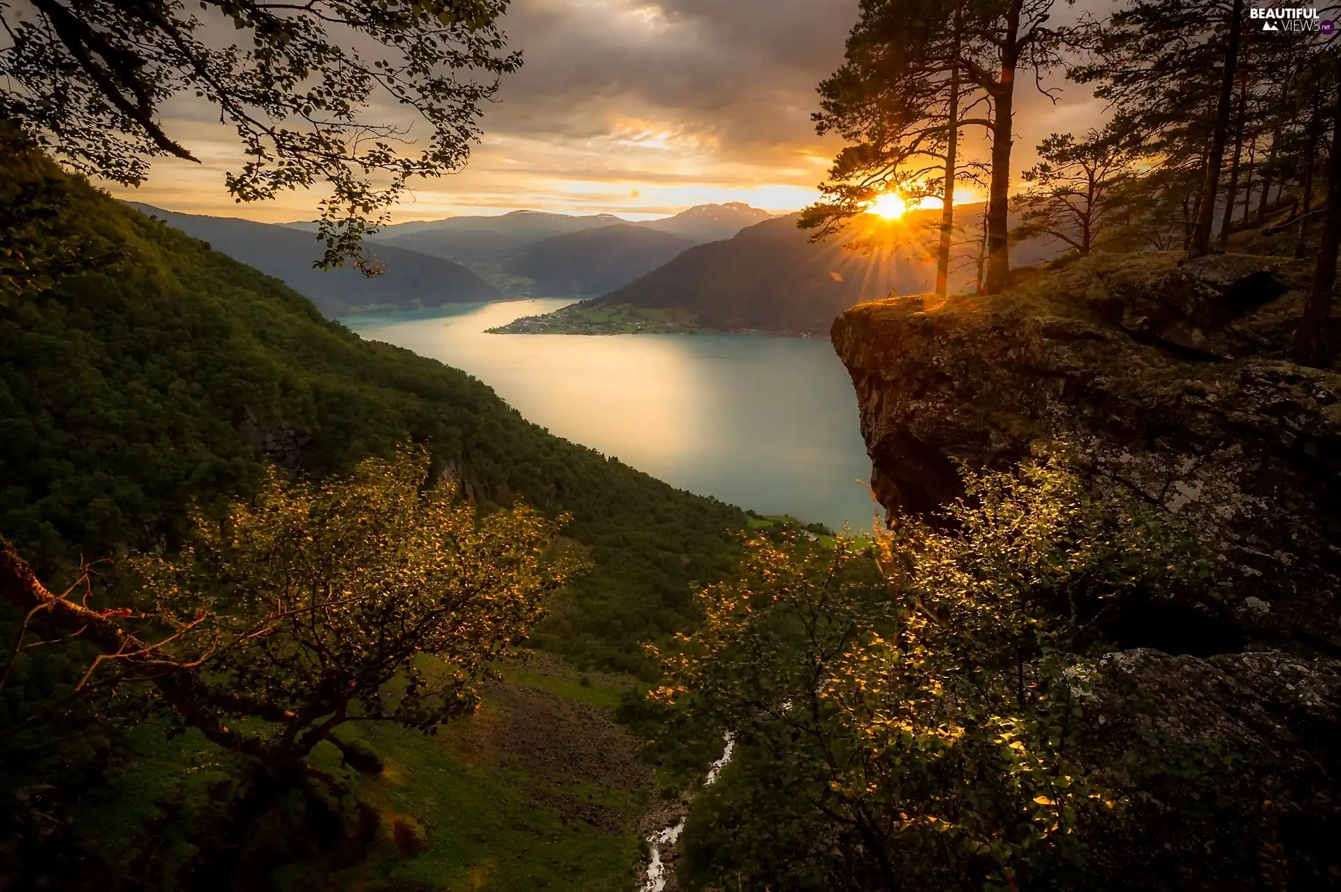 River, trees, west, sun, Mountains, viewes