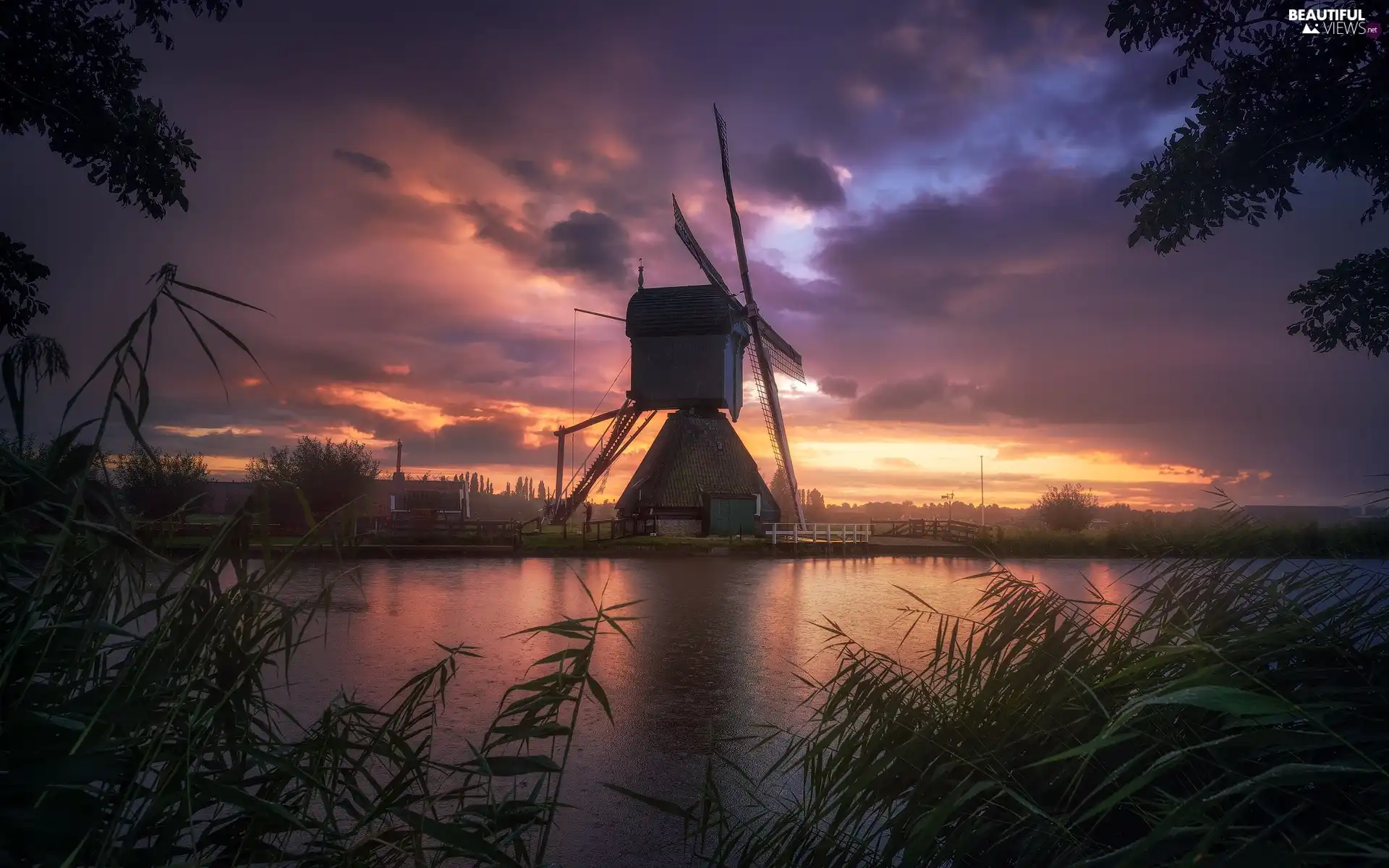 Windmill, Netherlands, rushes, River, Great Sunsets, Kinderdijk