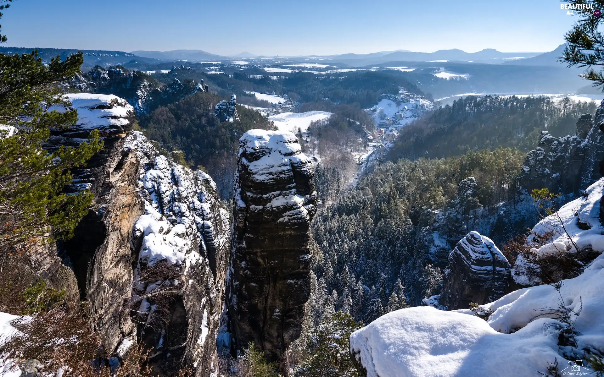 Saxony, Germany, forest, winter, snow, Saxon Switzerland National Park, Děčínská vrchovina, rocks