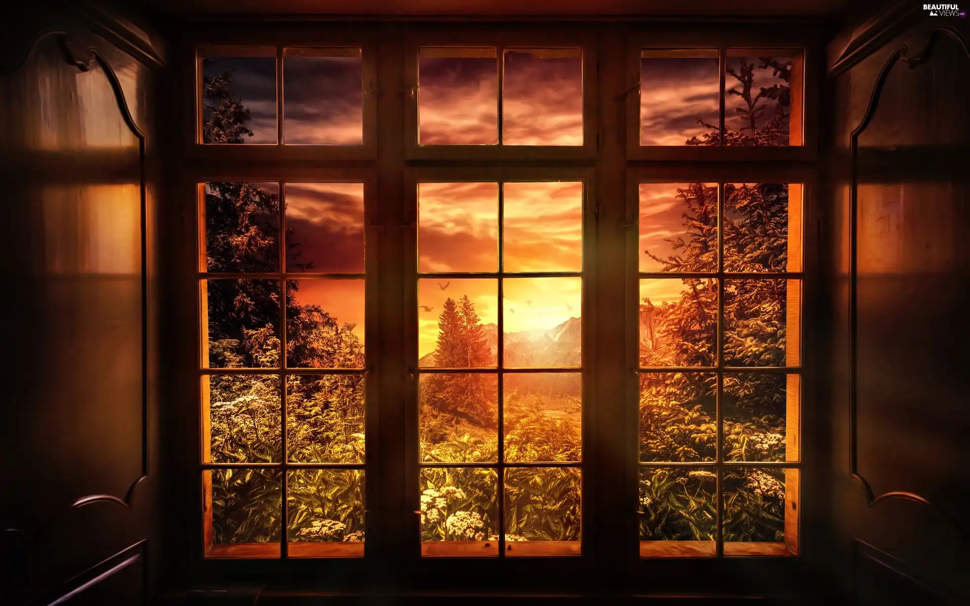 woods, landscape, Great Sunsets, Mountains, Window