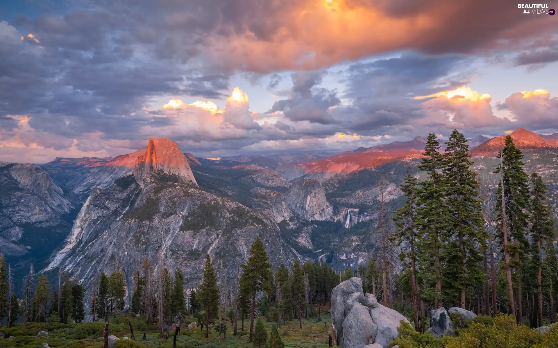 State of California, The United States, Yosemite National Park, trees, Sierra Nevada, clouds, Rocky, Mountains, viewes