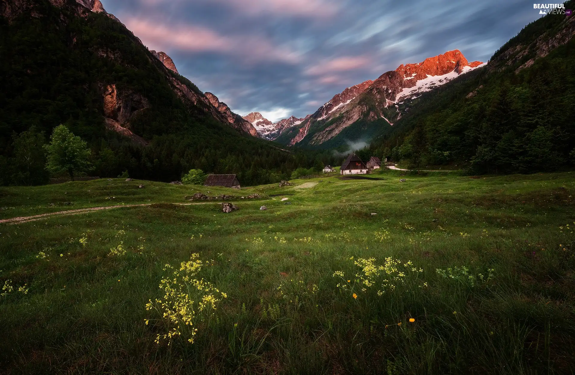 Julian Alps Mountains, Zadnja Trenta Valley, Houses, Slovenia, Triglav National Park, Way, Meadow