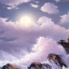 Lighthouse, Waves, Art, sea