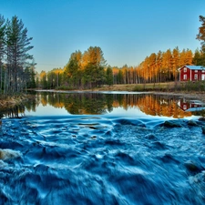 River, Houses, autumn, woods