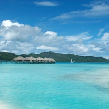 azure, water, Bora Bora, Houses, Island