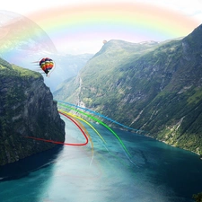 Mountains, River, Balloon, high