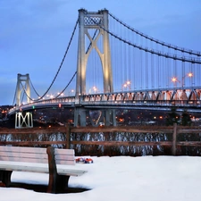 Bench, winter, bridge, River, Floodlit