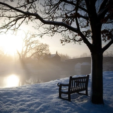 Bench, winter, bridge, Fog, River