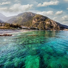 blue, water, lake, Stones, Mountains