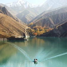 Boat, Mountains, lake