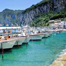 Boats, Coast, Mountains