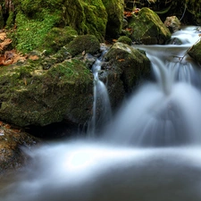 autumn, mossy, boulders, waterfall