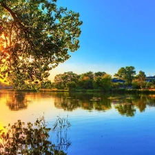 lake, viewes, light breaking through sky, trees