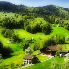 Mountains, medows, buildings, woods