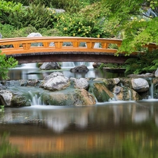 rocks, Park, trees, bridge, River, Bush, viewes