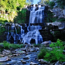 waterfall, Stones, Bush, River