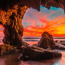 Malibu, sea, clouds, cave, Great Sunsets, California, The United States, rocks