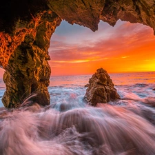 Malibu, sea, Great Sunsets, Waves, rocks, California, The United States, cave