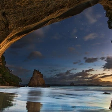 sea, Coromandel Peninsula, Cathedral Cove, Night, reservation, New Zeland, Waikato, star, rocks, cave