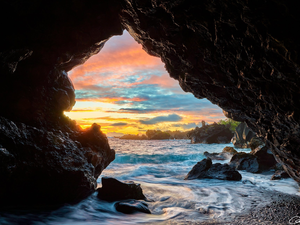 rocks, Sunrise, sea, cave, Aloha State Hawaje