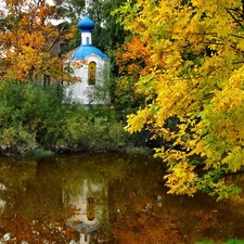 chapel, autumn, trees, viewes, River