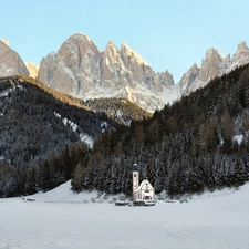 winter, forest, Church, Mountains