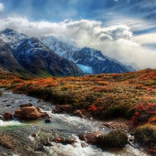 clouds, Mountains, brook