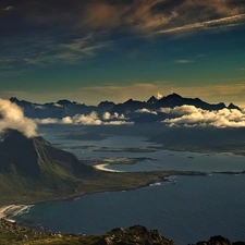 clouds, lakes, Cliffs