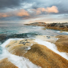 Coast, rocks, clouds, Waves