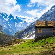 clouds, Mountains, cottage