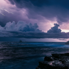 Tarkhankut Lighthouse, Crimea, clouds, Ship, thunderbolt, sea