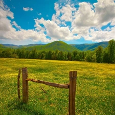 Mountains, medows, clouds, woods