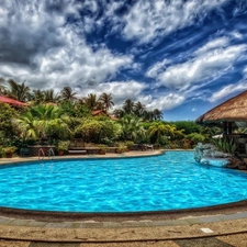 Pool, Palms, clouds, pavilion