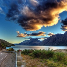 River, Way, clouds, Mountains