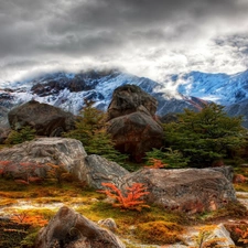 clouds, Mountains, rocks