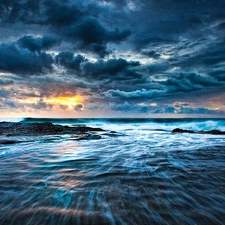 clouds, rocks, sun, sea, west