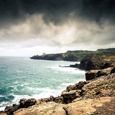 sea, coast, clouds, craggy