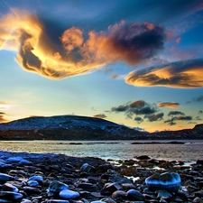 clouds, lake, Stones