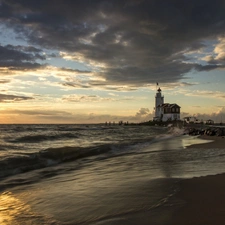 Waves, maritime, rays, Coast, Lighthouse, clouds, sun