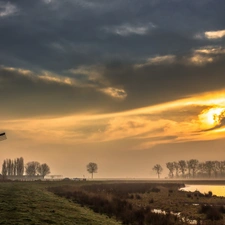 River, Windmill, clouds, Przebijające, luminosity, Fog, sun, flash, ligh